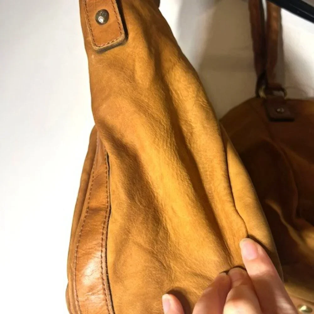 Patricia Nash Distressed Cognac Brown‎ Leather Tassel Bucket Tote Bag